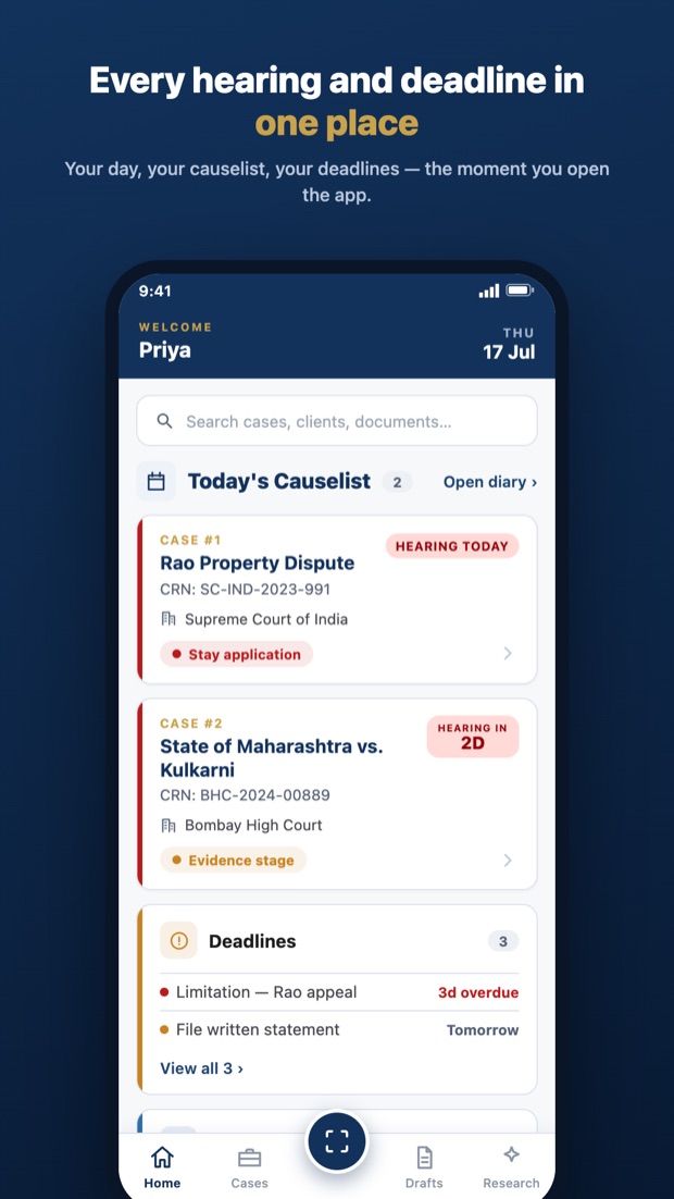 LawyerPro home screen showing today's causelist and upcoming deadlines
