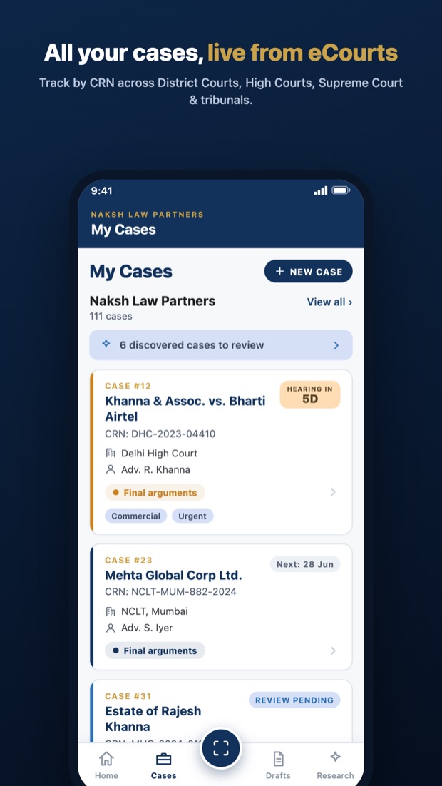 My Cases list grouped by practice with status and updates
