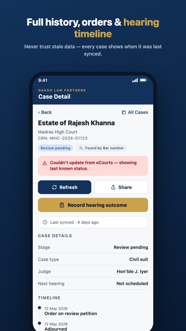 Case detail with orders, hearing timeline and last-synced status