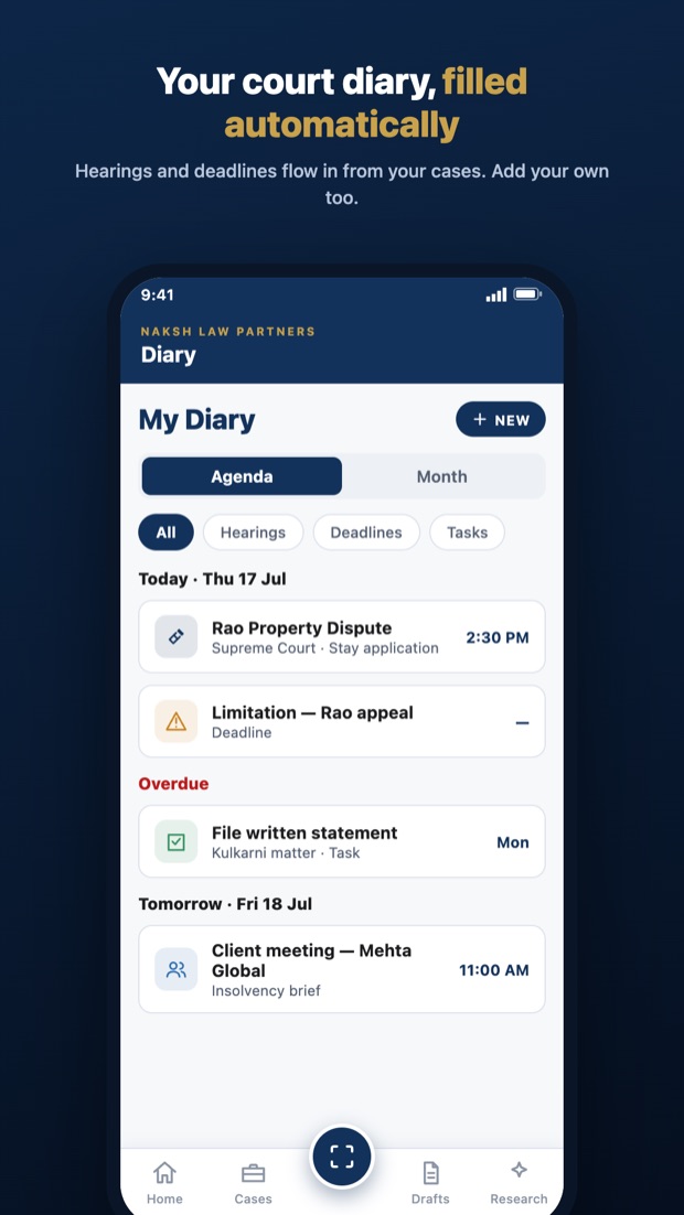 Daily diary with hearings, deadlines and tasks