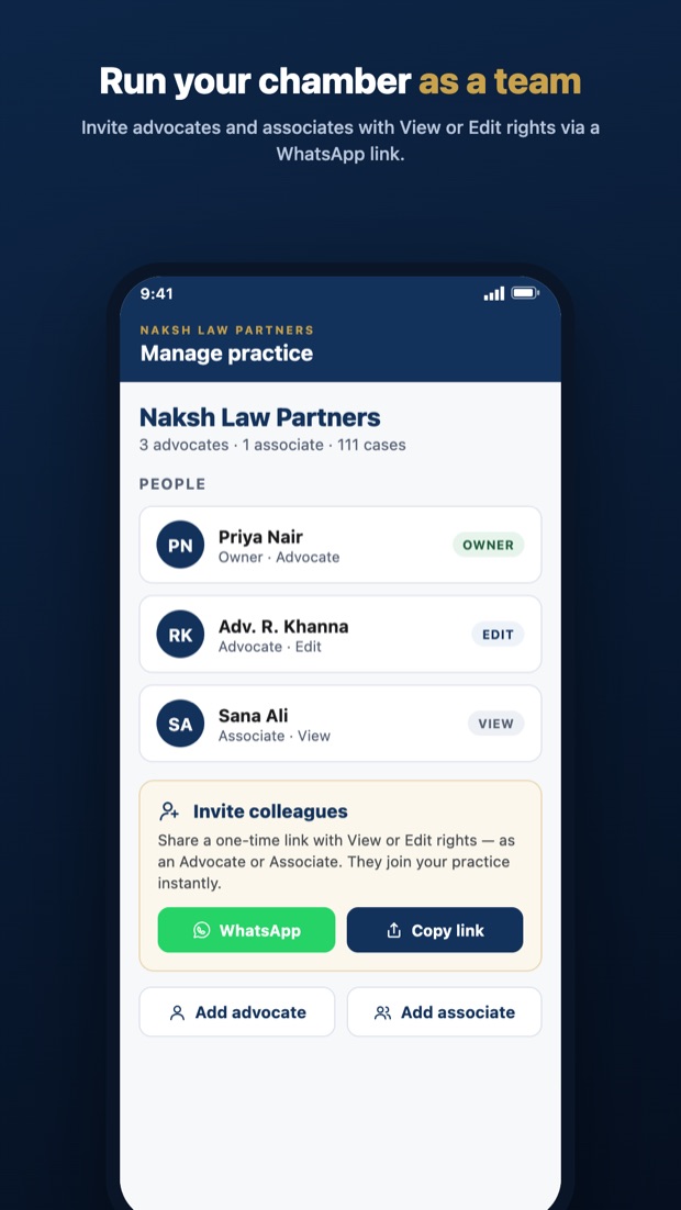Manage practice with advocates, associates and WhatsApp invites